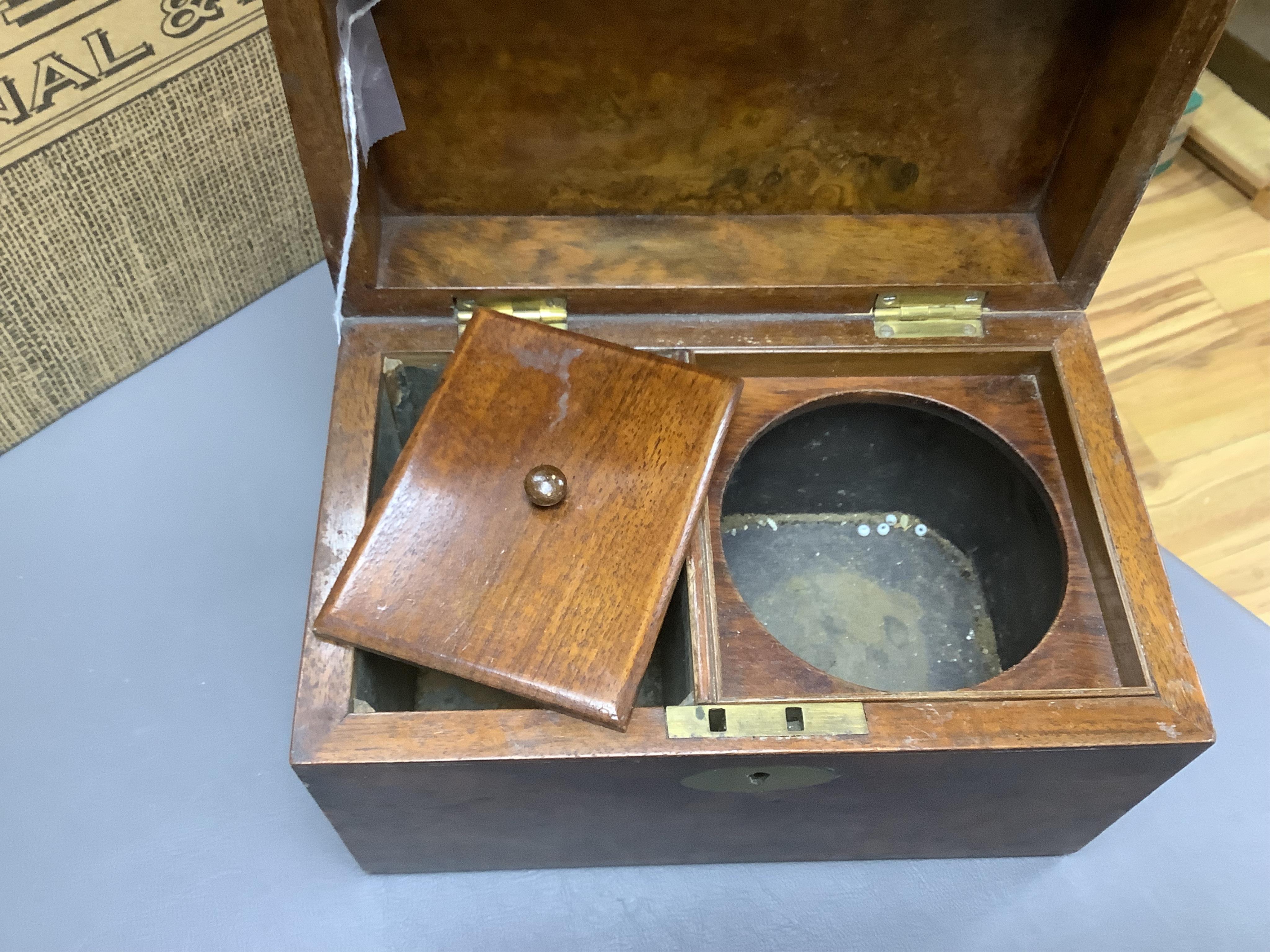 Sundry items comprising, Victorian walnut tea caddy, Arts and Crafts jug and Japanese antimony crumb scoop and tray, largest 32cm wide